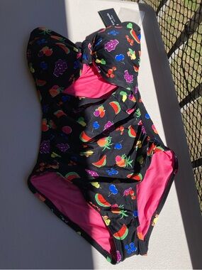 Kate Spade Black One Piece Swimsuit Colorful Fruit Print Bathing Suit NEW